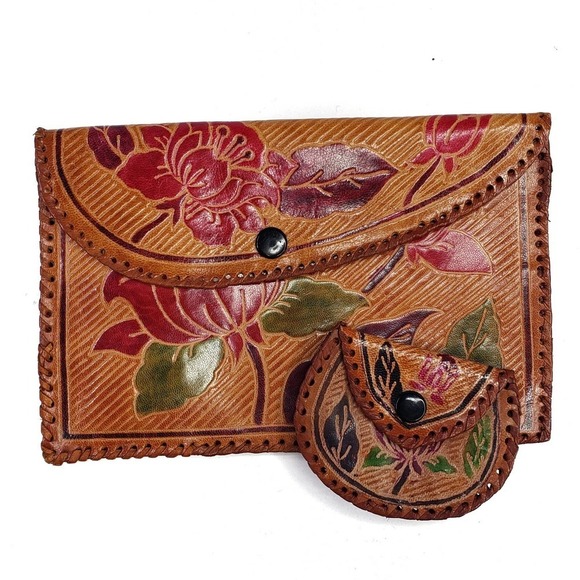 Leather Embossed Tooled Clutch Coin Purse 2pc Set Brown Tan Handmade Boho - Picture 1 of 9